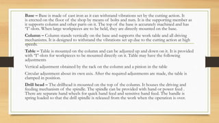 Base – Base is made of cast iron as it can withstand vibrations set by the cutting action. It
is erected on the floor of the shop by means of bolts and nuts. It is the supporting member as
it supports column and other parts on it. The top of the base is accurately machined and has
‘T’-slots. When large workpieces are to be held, they are directly mounted on the base.
Column – Column stands vertically on the base and supports the work table and all driving
mechanisms. It is designed to withstand the vibrations set up due to the cutting action at high
speeds.
Table – Table is mounted on the column and can be adjusted up and down on it. It is provided
with ‘T’-slots for workpieces to be mounted directly on it. Table may have the following
adjustments
Vertical adjustment obtained by the rack on the column and a pinion in the table
Circular adjustment about its own axis. After the required adjustments are made, the table is
clamped in position.
Drill head – The drillhead is mounted on the top of the column. It houses the driving and
feeding mechanism of the spindle. The spindle can be provided with hand or power feed .
There are separate hand wheels for quick hand feed and sensitive hand feed. The handle is
spring loaded so that the drill spindle is released from the work when the operation is over.
 