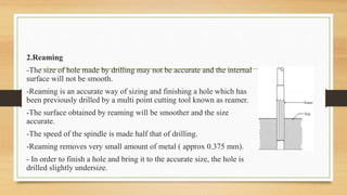 2.Reaming
-The size of hole made by drilling may not be accurate and the internal
surface will not be smooth.
-Reaming is an accurate way of sizing and finishing a hole which has
been previously drilled by a multi point cutting tool known as reamer.
-The surface obtained by reaming will be smoother and the size
accurate.
-The speed of the spindle is made half that of drilling.
-Reaming removes very small amount of metal ( approx 0.375 mm).
- In order to finish a hole and bring it to the accurate size, the hole is
drilled slightly undersize.
 
