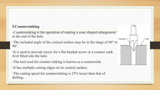 5.Countersinking
-Countersinking is the operation of making a cone shaped enlargement
at the end of the hole.
-The included angle of the conical surface may be in the range of 60° to
90°.
-It is used to provide recess for a flat headed screw or a counter sunk
rivet fitted into the hole.
-The tool used for counter sinking is known as a countersink.
-It has multiple cutting edges on its conical surface.
-The cutting speed for countersinking is 25% lesser than that of
drilling.
 