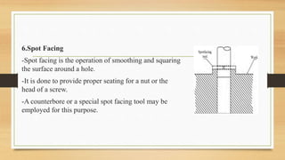 6.Spot Facing
-Spot facing is the operation of smoothing and squaring
the surface around a hole.
-It is done to provide proper seating for a nut or the
head of a screw.
-A counterbore or a special spot facing tool may be
employed for this purpose.
 