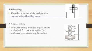3. Side milling
• The sides of surface of the workpiece are
machine using side milling cutter
4. Angular milling
• By angular milling operation angular surface
is obtained. A cutter is fed against the
workpiece generating an angular surface.
 