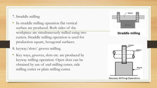 7. Straddle milling
• In straddle milling operation flat vertical
surface are produced. Both sides of the
workpiece are simultaneously milled using two
cutters. Straddle milling operation is used for
production square, hexagonal surfaces.
8. keyway/slots/ groove milling
• Key ways, grooves, slots etc. are produced by
keyway milling operation. Open slots can be
obtained by use of end milling cutter, side
milling cutter or plain milling cutter.
 