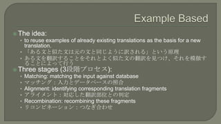  The idea:
   • to reuse examples of already existing translations as the basis for a new
     translation.
   • 「ある文と似た文...