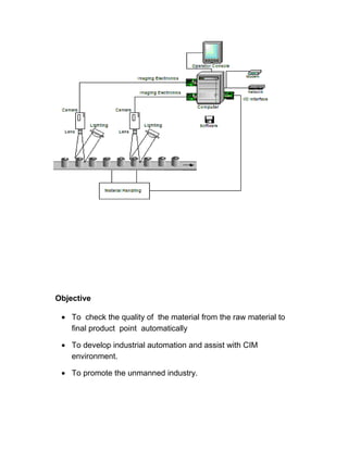 Objective 
· To check the quality of the material from the raw material to 
final product point automatically 
· To develop industrial automation and assist with CIM 
environment. 
· To promote the unmanned industry. 
 
