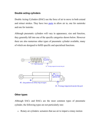 Double acting cylinders 
Double Acting Cylinders (DAC) use the force of air to move in both extend 
and retract strokes. They have two ports to allow air in, one for outstroke 
and one for instroke. 
Although pneumatic cylinders will vary in appearance, size and function, 
they generally fall into one of the specific categories shown below. However 
there are also numerous other types of pneumatic cylinder available, many 
of which are designed to fulfill specific and specialised functions. 
Other types 
Although SACs and DACs are the most common types of pneumatic 
cylinder, the following types are not particularly rare: 
· Rotary air cylinders: actuators that use air to impart a rotary motion 
 