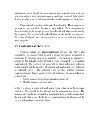 satisfactory control though electrical devices from a remote point with in a 
safe area, uding a semi automatic system and these electrical flow control 
devices are also in use in full automation by providing proper action signals. 
Push and pull actuation can be priced b solenoids. These movements 
are used to open and close the pop pet type valves. These actuations are 
done according to the signals given to the solenoid coil when the decided by 
the program. The outlet of solenoid coil when the decided by the program,. 
The outlet of solenoid valve is connected to a spray gun, which is going to 
spray the paint. 
SOLENOID OPERATED VALVES: 
Solenoid valves are electromechanical devices like relays and 
contractors. A solenoid valve is used to obtain mechanical movement in 
machinery by utilizing fluid or air pressure. The fluid or air pressure is 
applied to the cylinder piston through a valve operated by a cylindrical 
electrical coil. The electrical coil along with its frame and plunger is known 
as the solenoid and the assembly of solenoid and mechanical valve is known 
as solenoid valve. The solenoid valve is thus another important 
electromechanical device used in control of machines. Solenoid valves are 
of two types, 
1. Single solenoid spring return operating valve,(5/2) 
2. Double solenoid operating valve. 
In fig 1 is shown a single solenoid spring return valve in its de-energized 
condition. The symbol for the solenoid and the return are also shown. The 
solenoid valve is shown connected to the cylinder to help readers understand 
the solenoid valve action. In the de energized condition, the plunger and the 
valve spool position as shown in figure 1. 
 