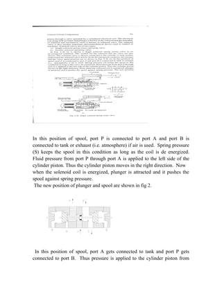 In this position of spool, port P is connected to port A and port B is 
connected to tank or exhaust (i.e. atmosphere) if air is used. Spring pressure 
(S) keeps the spool in this condition as long as the coil is de energized. 
Fluid pressure from port P through port A is applied to the left side of the 
cylinder piston. Thus the cylinder piston moves in the right direction. Now 
when the solenoid coil is energized, plunger is attracted and it pushes the 
spool against spring pressure. 
The new position of plunger and spool are shown in fig 2. 
In this position of spool, port A gets connected to tank and port P gets 
connected to port B. Thus pressure is applied to the cylinder piston from 
 