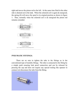 right and moves the piston rod to the left. At the same time fluid in the other 
side is drained out to the tank. When the solenoid coil is again de energized, 
the spring (S) will move the spool to its original position as shown in figure 
1. Thus, normally when the solenoid coil is de energized the piston rod 
remains extended. 
PNEUMATIC FITTINGS: 
There are no nuts to tighten the tube to the fittings as in the 
conventional type of metallic fittings. The tube is connected to the fitting by 
a simple push ensuring leak proof connection and can be released by 
pressing the cap and does not require any special tooling like spanner to 
connect (or) disconnect the tube from the fitting. 
 