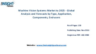 Machine Vision Systems Market to 2025 - Global
Analysis and Forecasts by Type, Application,
Components, End-users
No of Pages: 150
Publishing Date: Nov 2016
Single User PDF: US$ 3900
Website : www.theinsightpartners.com
 