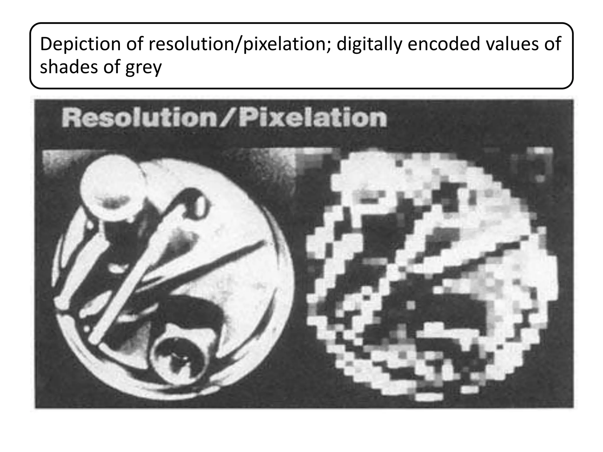 Depiction of resolution/pixelation; digitally encoded values of
shades of grey
 