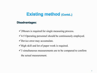 7
✓20hours is required for single measuring process.
✓4-5 Operating personnel should be continuously employed.
✓Device error may accumulate.
✓High skill and lot of paper work is required.
✓3 simultaneous measurements are to be compared to confirm
the actual measurement.
 
