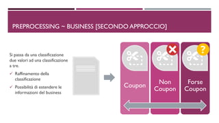 PREPROCESSING ~ BUSINESS [SECONDO APPROCCIO]
Forse
Coupon
Non
Coupon
Coupon
Si passa da una classificazione
due valori ad una classificazione
a tre.
✓ Raffinamento della
classificazione
✓ Possibilità di estendere le
informazioni del business
 