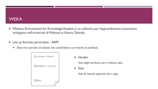 DWEKA
 Waikato Environment for Knowledge Analysis, è un software per l'apprendimento automatico
sviluppato nell'università di Waikato in Nuova Zelanda.
 Usa un formato particolare : ARFF
 Descrive una lista di istanze che condividono un insieme di attributi.
 Header
lista degli attributi con il relativo tipo
 Dati
lista di istanze separate da a capo
@ relation <name>
@attribute x numeric
…
@data
 