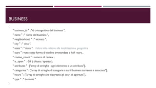 BUSINESS
{
" business_id " : "id crittografato del business ",
" name " : " nome del business ",
" neighborhood " : " vicinato ",
" city " : " città ",
" state " : " stato ", //altre info relative alla localizzazione geografica
" stars " : voto sotto forma di stelline arrotondate a half -stars ,
" review_count " : numero di review ,
" is_open " : 0/1 ( chiuso / aperto ),
" attributes " : ["array di stringhe : ogni elemento e un attributo"],
" categories " : ["array di stringhe di categorie a cui il business corrente e associato"],
" hours " : ["array di stringhe che riportano gli orari di apertura"],
" type " : " business "
}
 