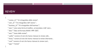 REVIEW
{
" review_id ": "id crittografato della review",
" user_id ": "id crittografato dell 'utente ",
" business_id ": "id crittografato del business ",
" stars ": voto sotto forma di stelline , arrotondate a half -stars ,
" date ": "data nel formato AAAA -MM -DD",
" text ": "testo della review",
" useful ": numero di voti che hanno ritenuto la review utile ,
" funny ": numero di voti che hanno ritenuto la review divertente ,
" cool ": numero di voti che hanno ritenuto la review cool ,
" type ": "review"
}
 