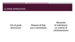 LE SFIDE AFFRONTATE
Dataset di Yelp
non è etichettato
File di gradi
dimensioni
Necessità
di individuare
un criterio di
etichettamento
 