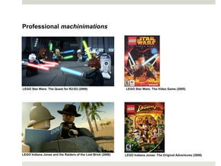 Professional machinimations




LEGO Star Wars: The Quest for R2-D2 (2009)                    LEGO Star Wars: The Video Game (2005)




LEGO Indiana Jones and the Raiders of the Lost Brick (2008)   LEGO Indiana Jones: The Original Adventures (2008)
 