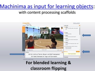 Machinima as input for learning objects:
with content processing scaffolds
For blended learning &
classroom flipping
 