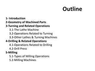 Outline
1- Introduction
2-Geometry of Machined Parts
3-Turning and Related Operations
3.1-The Lathe Machine
3.2-Operations Related to Turning
3.3-Other Lathes & Turning Machines
4-Drilling & Related Operations
4.1-Operations Related to Drilling
4.2-Drill Press
5-Milling
5.1-Types of Milling Operations
5.2-Milling Machines
 
