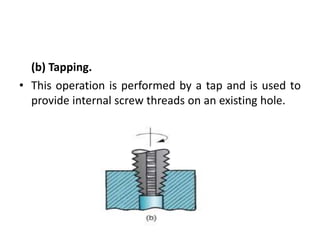(b) Tapping.
• This operation is performed by a tap and is used to
provide internal screw threads on an existing hole.
 