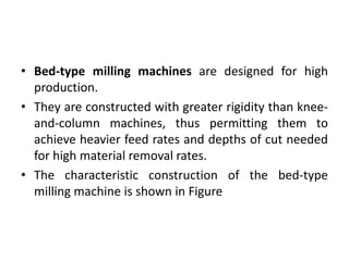 • Bed-type milling machines are designed for high
production.
• They are constructed with greater rigidity than knee-
and-column machines, thus permitting them to
achieve heavier feed rates and depths of cut needed
for high material removal rates.
• The characteristic construction of the bed-type
milling machine is shown in Figure
 