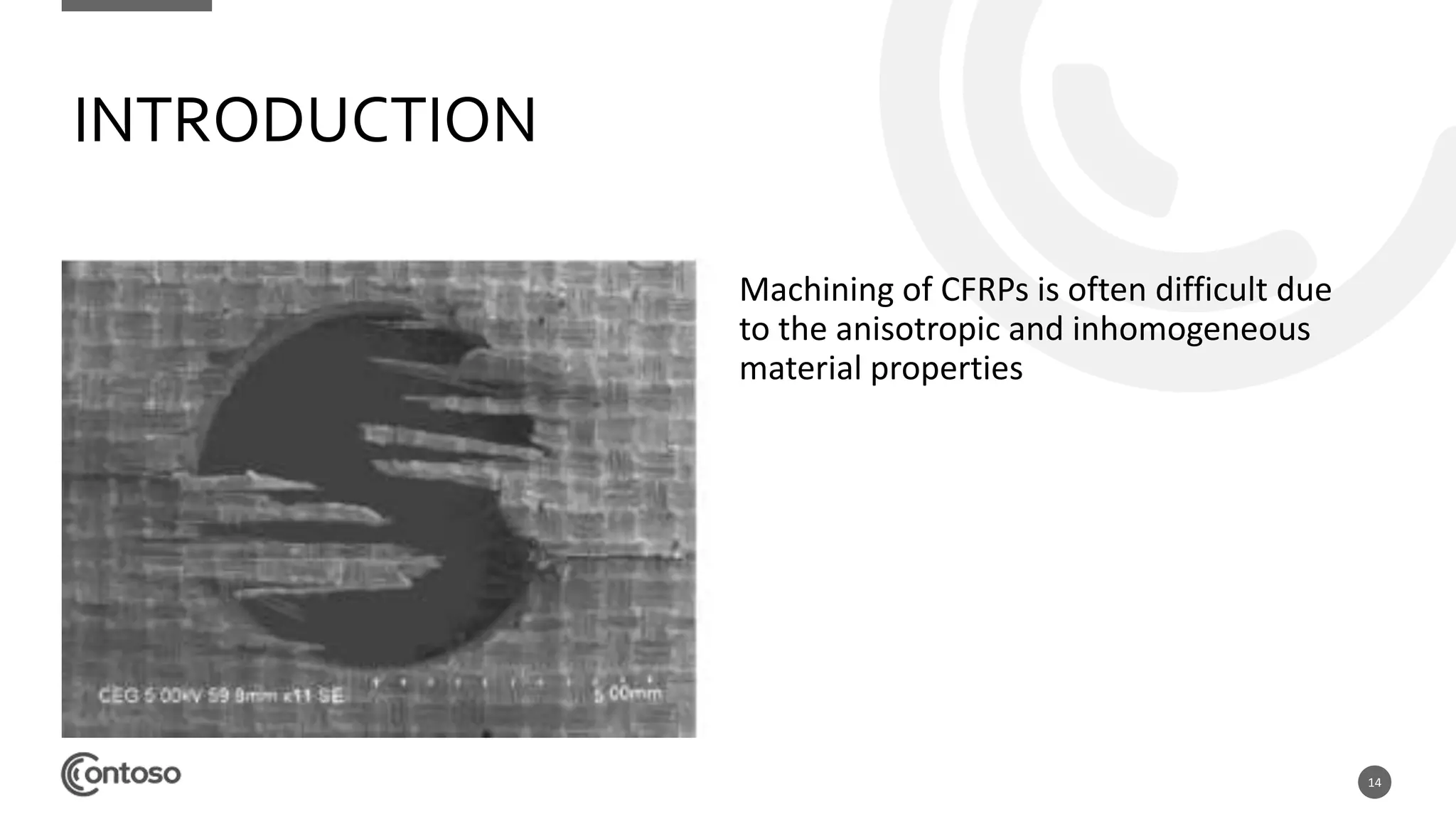 14
INTRODUCTION
Machining of CFRPs is often difficult due
to the anisotropic and inhomogeneous
material properties
 