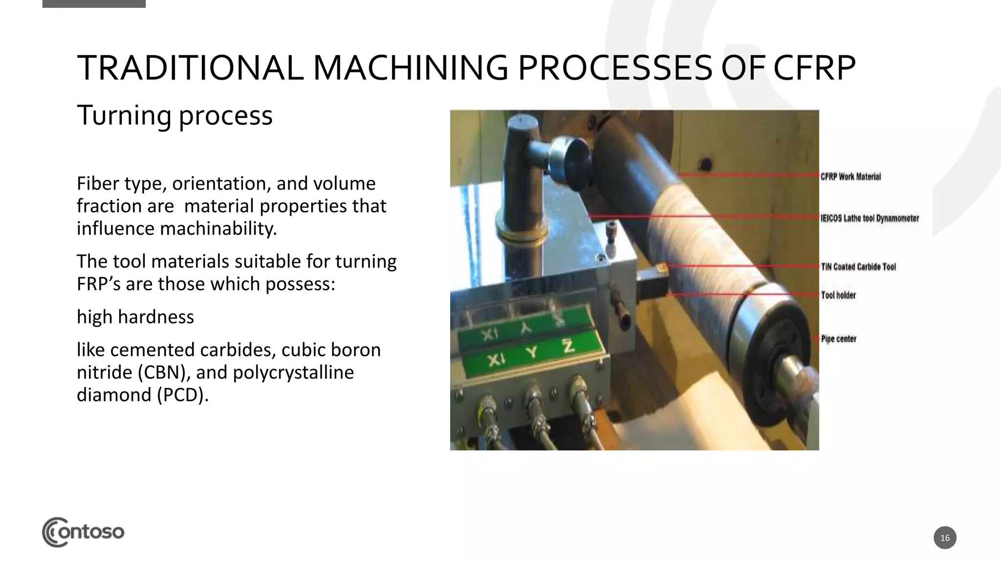 16
Turning process
Fiber type, orientation, and volume
fraction are material properties that
influence machinability.
The tool materials suitable for turning
FRP’s are those which possess:
high hardness
like cemented carbides, cubic boron
nitride (CBN), and polycrystalline
diamond (PCD).
TRADITIONAL MACHINING PROCESSES OF CFRP
 