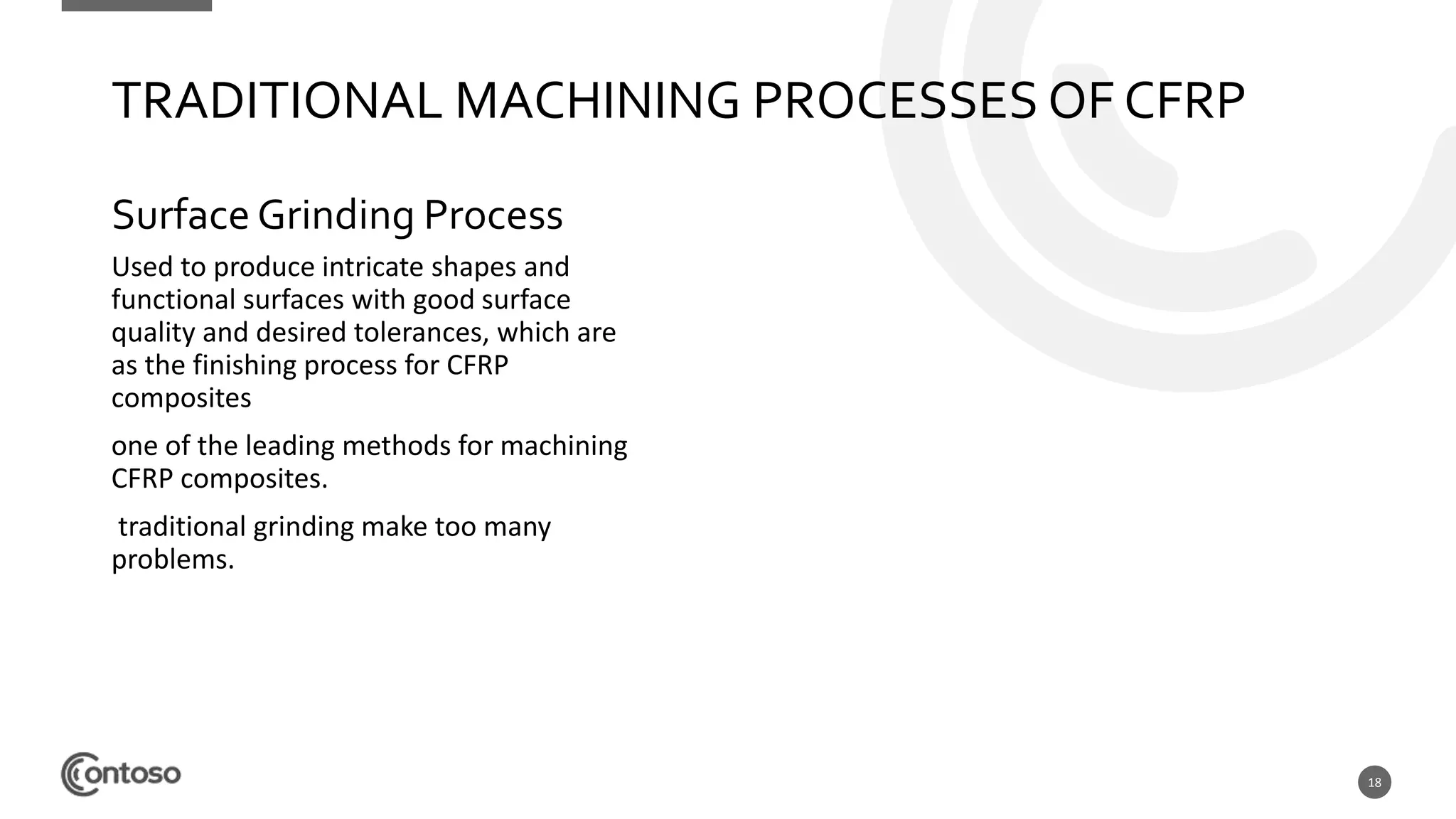 18
Surface Grinding Process
Used to produce intricate shapes and
functional surfaces with good surface
quality and desired tolerances, which are
as the finishing process for CFRP
composites
one of the leading methods for machining
CFRP composites.
traditional grinding make too many
problems.
TRADITIONAL MACHINING PROCESSES OF CFRP
 