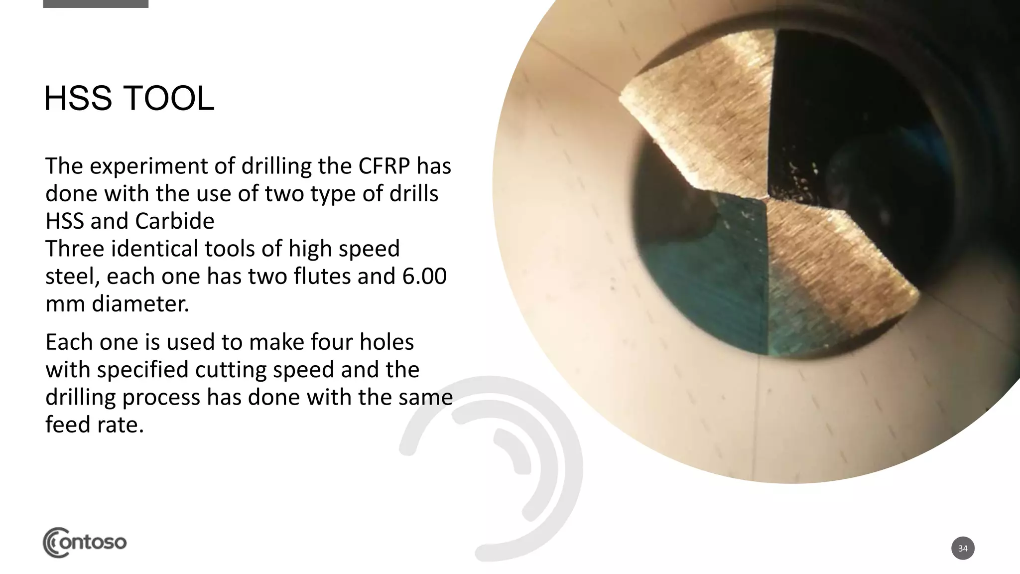 The experiment of drilling the CFRP has
done with the use of two type of drills
HSS and Carbide
Three identical tools of high speed
steel, each one has two flutes and 6.00
mm diameter.
Each one is used to make four holes
with specified cutting speed and the
drilling process has done with the same
feed rate.
34
HSS TOOL
 