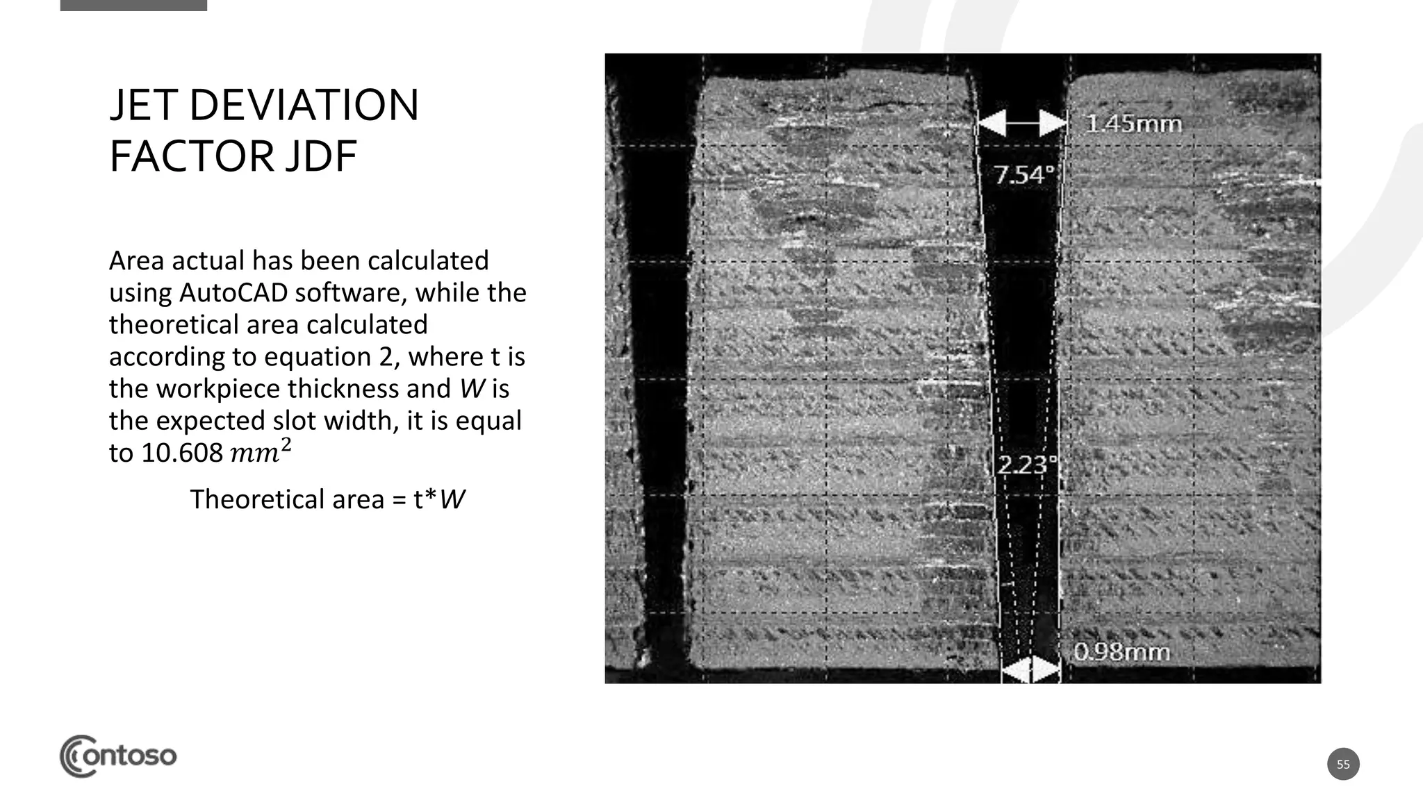 55
JET DEVIATION
FACTOR JDF
Area actual has been calculated
using AutoCAD software, while the
theoretical area calculated
according to equation 2, where t is
the workpiece thickness and W is
the expected slot width, it is equal
to 10.608 𝑚𝑚2
Theoretical area = t*W
 