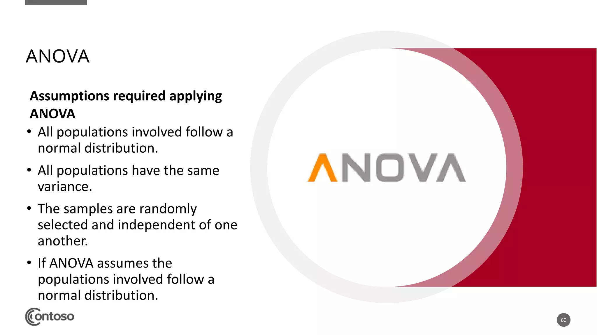 ANOVA
• All populations involved follow a
normal distribution.
• All populations have the same
variance.
• The samples are randomly
selected and independent of one
another.
• If ANOVA assumes the
populations involved follow a
normal distribution.
60
Assumptions required applying
ANOVA
 