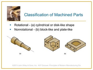  Rotational - (a) cylindrical or disk-like shape
 Nonrotational - (b) block-like and plate-like
©2013 John Wiley & Sons, Inc. M P Groover, Principles of Modern Manufacturing 5/e
Classification of Machined Parts
 
