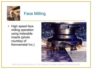 Face Milling
 High speed face
milling operation
using indexable
inserts (photo
courtesy of
Kennametal Inc.)
©2013 John Wiley & Sons, Inc. M P Groover, Principles of Modern Manufacturing 5/e
 