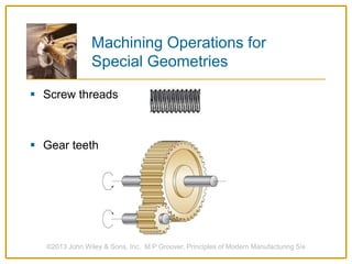 Machining Operations for
Special Geometries
 Screw threads
 Gear teeth
©2013 John Wiley & Sons, Inc. M P Groover, Principles of Modern Manufacturing 5/e
 