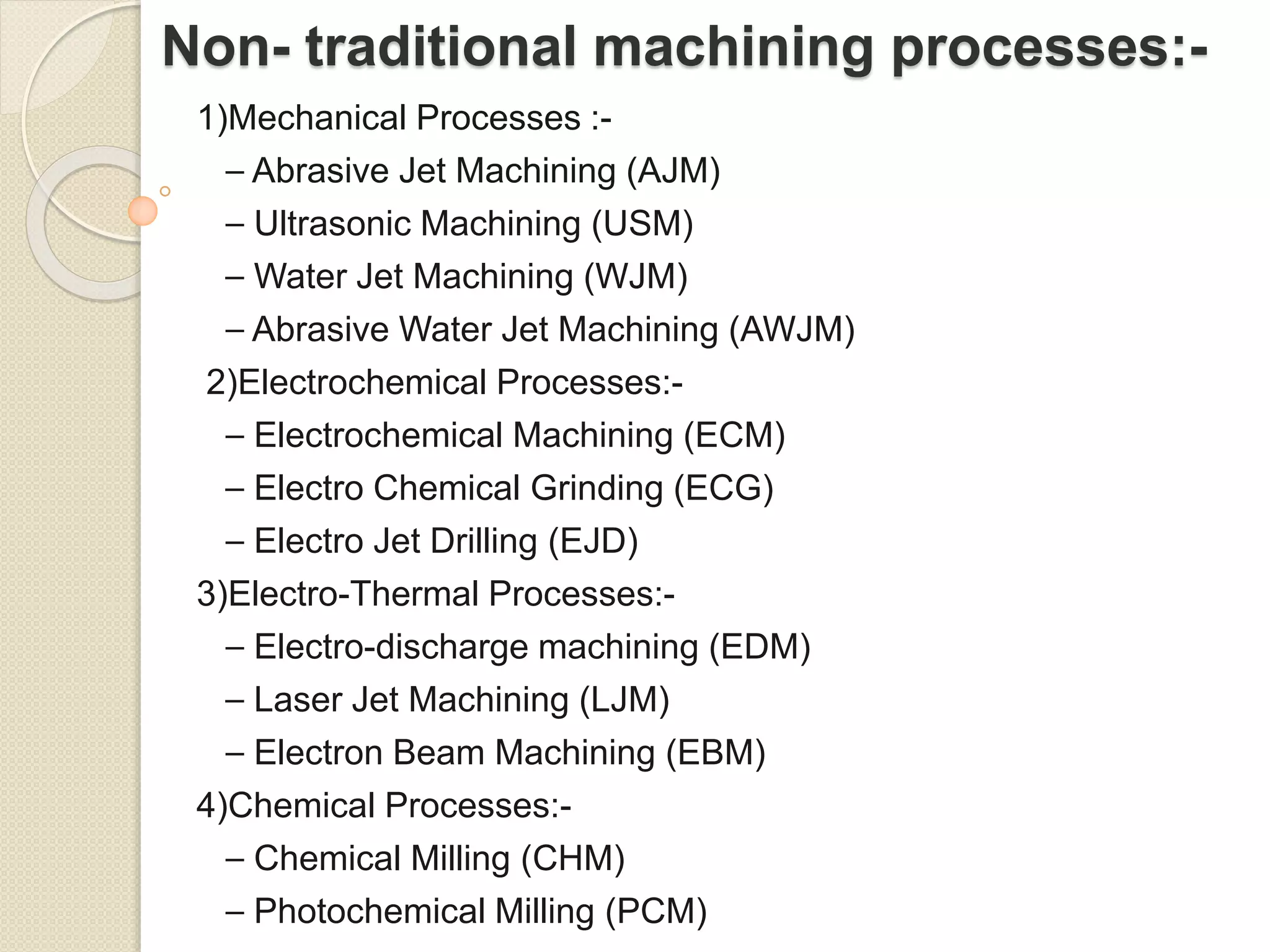Non- traditional machining processes:-
1)Mechanical Processes :-
⎯ Abrasive Jet Machining (AJM)
⎯ Ultrasonic Machining (USM)
⎯ Water Jet Machining (WJM)
⎯ Abrasive Water Jet Machining (AWJM)
2)Electrochemical Processes:-
⎯ Electrochemical Machining (ECM)
⎯ Electro Chemical Grinding (ECG)
⎯ Electro Jet Drilling (EJD)
3)Electro-Thermal Processes:-
⎯ Electro-discharge machining (EDM)
⎯ Laser Jet Machining (LJM)
⎯ Electron Beam Machining (EBM)
4)Chemical Processes:-
⎯ Chemical Milling (CHM)
⎯ Photochemical Milling (PCM)
 
