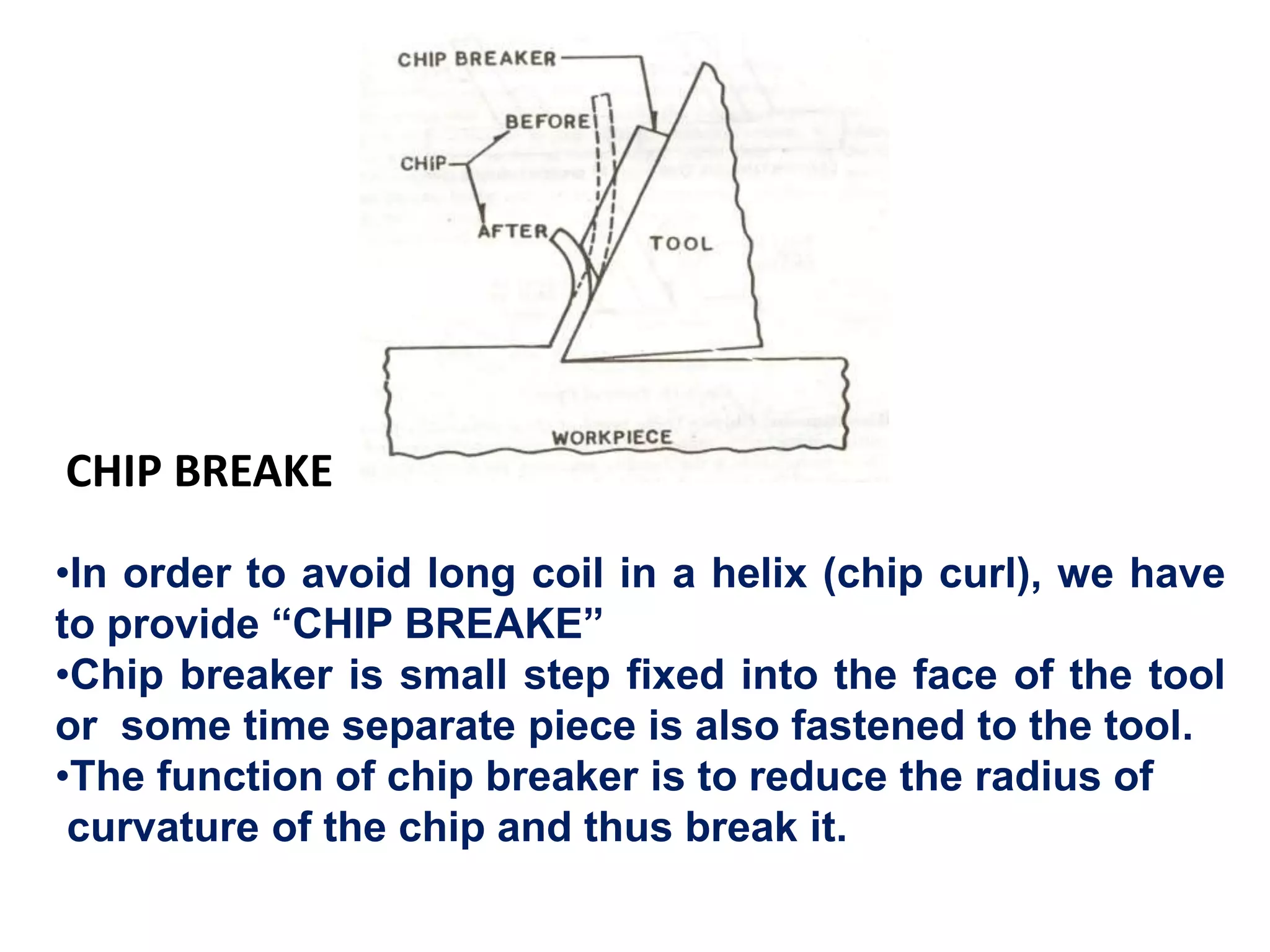 •In order to avoid long coil in a helix (chip curl), we have
to provide “CHIP BREAKE”
•Chip breaker is small step fixed into the face of the tool
or some time separate piece is also fastened to the tool.
•The function of chip breaker is to reduce the radius of
curvature of the chip and thus break it.
CHIP BREAKE
 