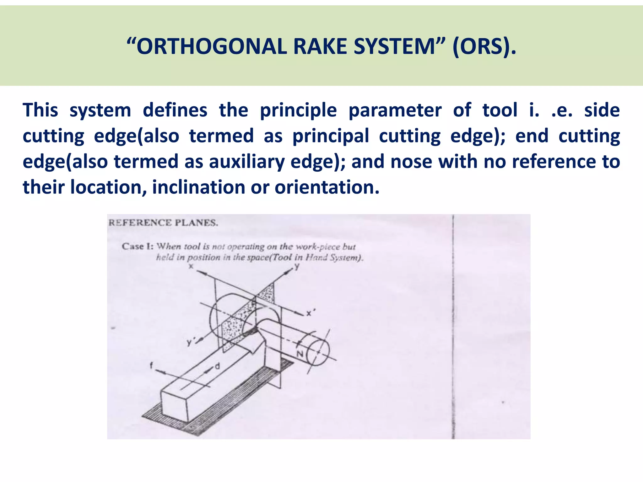 “ORTHOGONAL RAKE SYSTEM” (ORS).
This system defines the principle parameter of tool i. .e. side
cutting edge(also termed as principal cutting edge); end cutting
edge(also termed as auxiliary edge); and nose with no reference to
their location, inclination or orientation.
 