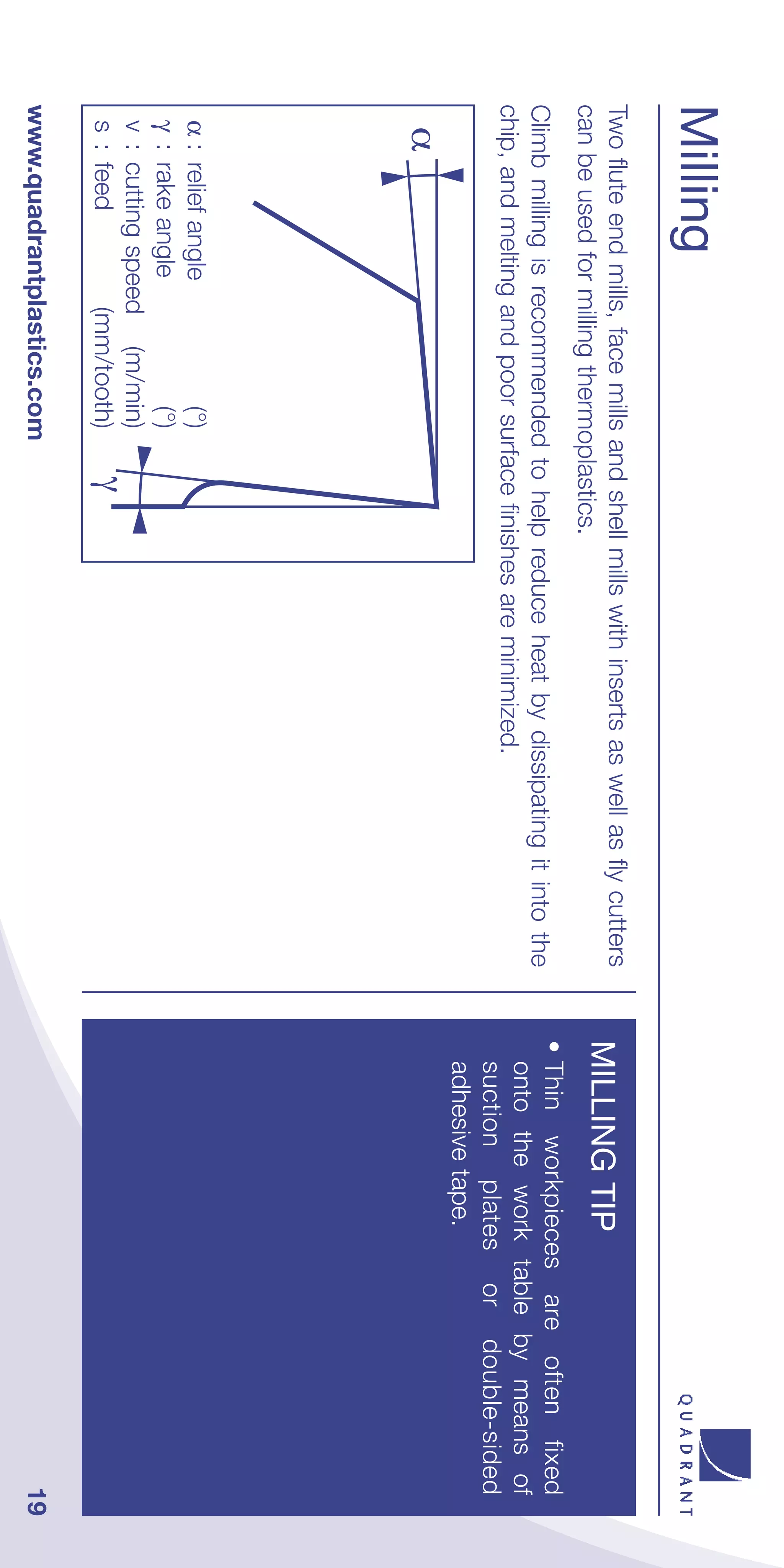 Milling
Two flute end mills, face mills and shell mills with inserts as well as fly cutters
can be used for milling thermoplastics.
                                                                                      MILLING TIP
                                                                                      • Thin workpieces are often fixed
Climb milling is recommended to help reduce heat by dissipating it into the
                                                                                        onto the work table by means of
chip, and melting and poor surface finishes are minimized.
                                                                                        suction plates or double-sided
                                                                                        adhesive tape.
  α
 α:    relief angle         (°)
 γ :   rake angle           (°)
 v :   cutting speed (m/min)
 s :   feed         (mm/tooth)     γ
www.quadrantplastics.com                                                                                              19
 