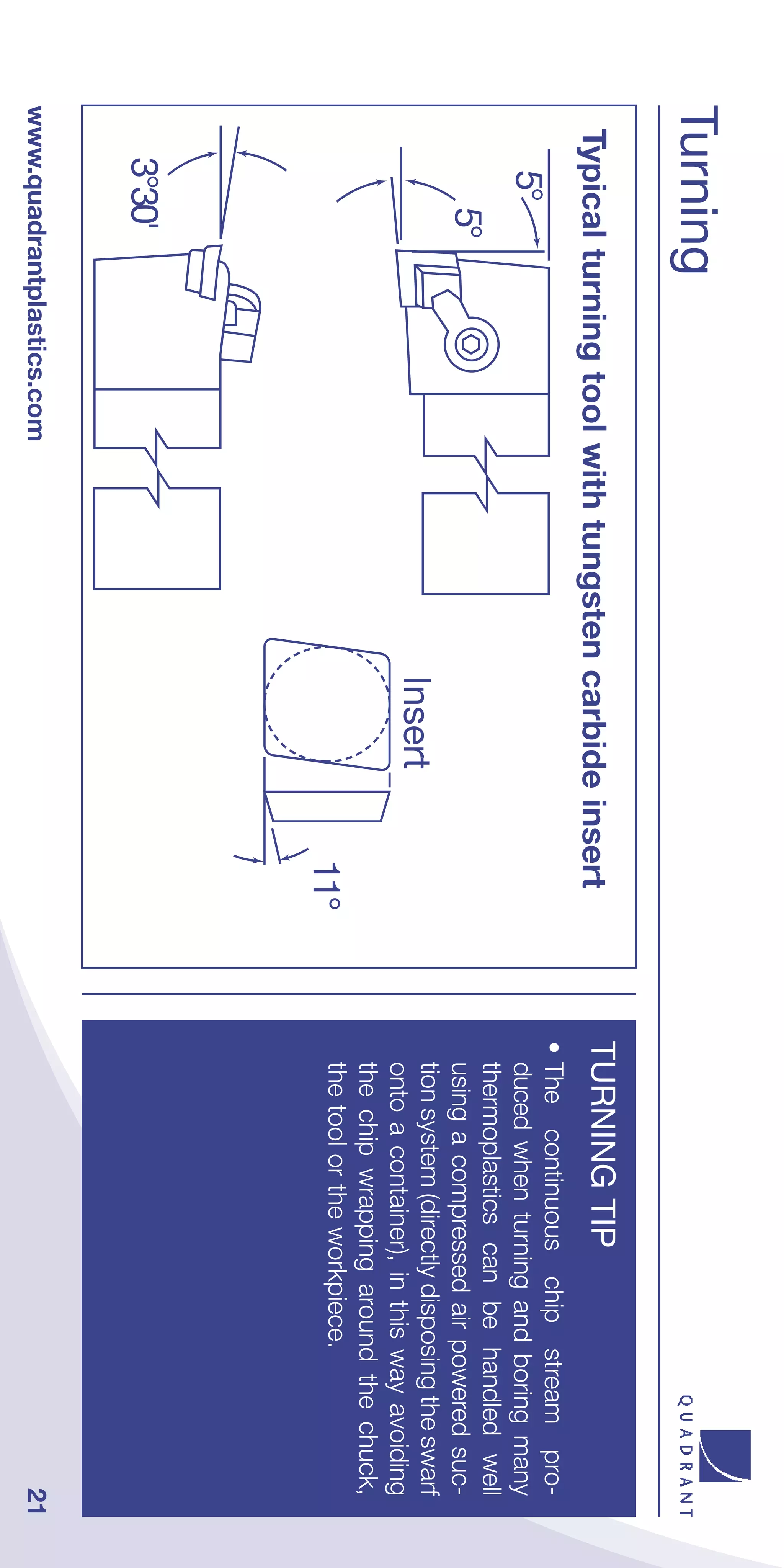 Turning
 Typical turning tool with tungsten carbide insert    TURNING TIP
                                                      • The continuous chip stream pro-
    5°                                                  duced when turning and boring many
                                                        thermoplastics can be handled well
         5°                                             using a compressed air powered suc-
                                                        tion system (directly disposing the swarf
                                    Insert              onto a container), in this way avoiding
                                                        the chip wrapping around the chuck,
                                                        the tool or the workpiece.
                                                11°
   3°30'
www.quadrantplastics.com                                                                        21
 