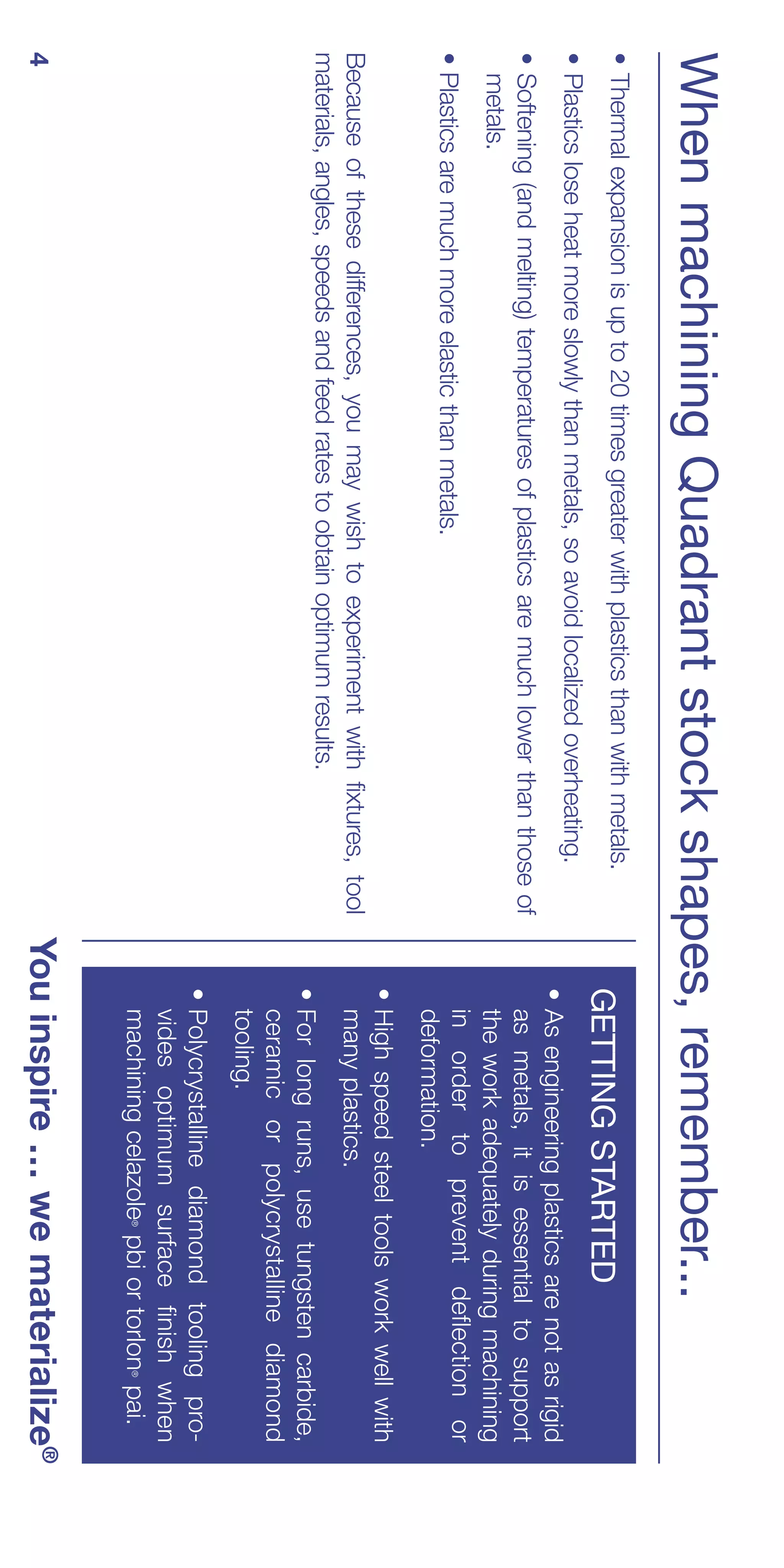 When machining Quadrant stock shapes, remember...
• Thermal expansion is up to 20 times greater with plastics than with metals.
                                                                                    GETTING STARTED
• Plastics lose heat more slowly than metals, so avoid localized overheating.
                                                                                    • As engineering plastics are not as rigid
• Softening (and melting) temperatures of plastics are much lower than those of       as metals, it is essential to support
  metals.                                                                             the work adequately during machining
• Plastics are much more elastic than metals.                                         in order to prevent deflection or
                                                                                      deformation.
                                                                                    • High speed steel tools work well with
Because of these differences, you may wish to experiment with fixtures, tool          many plastics.
materials, angles, speeds and feed rates to obtain optimum results.
                                                                                    • For long runs, use tungsten carbide,
                                                                                      ceramic or polycrystalline diamond
                                                                                      tooling.
                                                                                    • Polycrystalline diamond tooling pro-
                                                                                      vides optimum surface finish when
                                                                                      machining celazole pbi or torlon pai.
                                                                                                         ®             ®
4                                                                                 You inspire … we materialize®
 