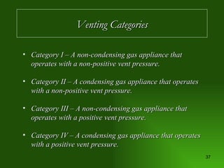 Venting Categories Category I – A non-condensing gas appliance that operates with a non-positive vent pressure. Category II – A condensing gas appliance that operates with a non-positive vent pressure. Category III – A non-condensing gas appliance that operates with a positive vent pressure. Category IV – A condensing gas appliance that operates with a positive vent pressure. 