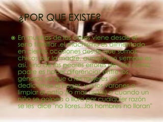    En muchos de los casos viene desde el
    seno familiar ,el machismo es alimentado
    en ciertas ocasiones desde que somos
    chicos por la madre, aunque no siempre es
    así, uno de los peores errores de uno como
    padre es hacer diferencias entre los
    géneros ya que a las mujeres las
    dedicamos al hogar, y a los varones a
    limpiar el patio (lo mas usual) o cuando un
    niño se golpea o llora por cualquier razón
    se les dice "no llores...los hombres no lloran"
 