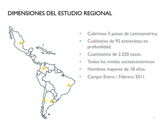 DIMENSIONES DEL ESTUDIO REGIONAL



   .                 • 
                     • 
                          Cubrimos 5 países de Latinoamérica.
                          Cualitativo de 92 entrevistas en
                          profundidad.



          .
                     •    Cuantitativo de 2.250 casos.
                     •    Todos los niveles socioeconómicos



             .
                     •    Hombres mayores de 18 años.
                     •    Campo: Enero / Febrero 2011.



          ..
                                                             4
 