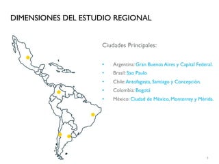DIMENSIONES DEL ESTUDIO REGIONAL



   .                Ciudades Principales:

                    •    Argentina: Gran Buenos Aires y Capital Federal.




          .
                    •    Brasil: Sao Paulo
                    •    Chile: Antofagasta, Santiago y Concepción.
                    •    Colombia: Bogotá



             .
                    •    México: Ciudad de México, Monterrey y Mérida.




          ..
                                                                      5
 