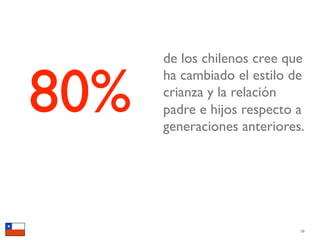 de los chilenos cree que


80%
      ha cambiado el estilo de
      crianza y la relación
      padre e hijos respecto a
      generaciones anteriores.




                             58
 