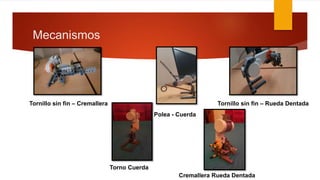 Mecanismos
Tornillo sin fin – Cremallera
Polea - Cuerda
Tornillo sin fin – Rueda Dentada
Torno Cuerda
Cremallera Rueda Dentada
 