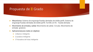 Propuesta de II Grado
 Mecanismos: Sistema de engranaje Ruedas dentadas de doble perfil, Sistema de
engranaje Ruedas dentadas de doble perfil, Tornillo sin fin - Rueda dentada
 Movimiento de entrada y salida: Movimiento de salida Circular, Movimiento de
entrada giratorio
 Aplicaciones(usos reales en objetos):
 1.Abanico inteligente
 2.Lavadora inteligente
 3.Trituradora de frutas inteligente
 