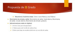 Propuesta de III Grado
 Mecanismos: Excéntrica-biela, Tomo 1 Leva Palanca, Leva Palanca
 Movimiento de entrada y salida: Movimiento de salida lineal alterno, Movimiento
de salida circular alterno, Movimiento de entrada giratorio
 Aplicaciones(usos reales en objetos):
 1.Arimar cosas para discapacitados
 2. Palanca para subir la silla de ruedas al bus
 3.Motor para bajar las escaleras eléctricas con una silla de ruedas
 