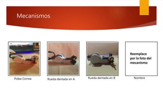 Mecanismos
Polea Correa Rueda dentada en A Rueda dentada en B Nombre
 