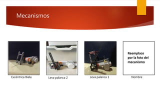 Mecanismos
Excéntrica Biela Leva palanca 2 Leva palanca 1 Nombre
 